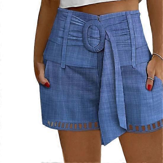 Women Summer Shorts Hollow Out Belted Adjustable Mid Waist Zipper Closure Side Pockets Print Straight Slim Fit Casual Daily Mini Shorts