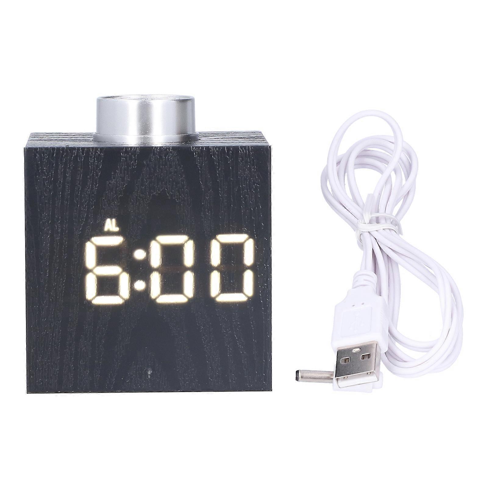 LED Knob Alarm Clock with Digital Thermometer and Snooze Function, Imitation Wood Grain Bedside Clock, White Finish