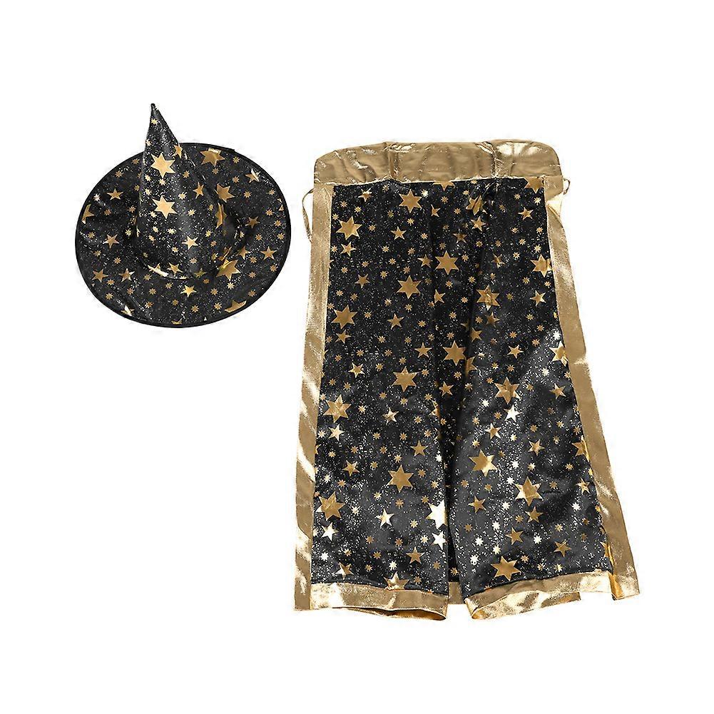 Little Girl Witch Wizard Cloak Hat Set Shiny Star Pattern Suitable for Halloween Role Playing