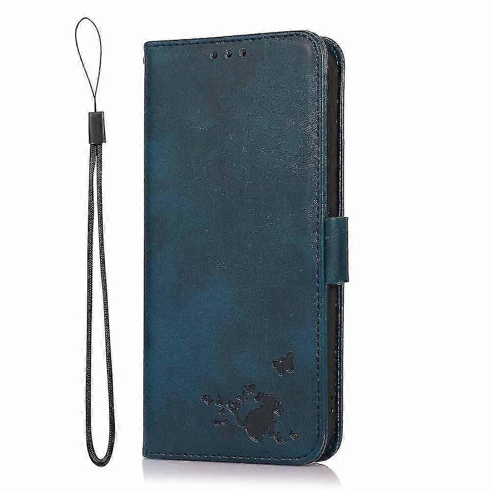 Motorola Moto E 2020 Case Retro Cat Wallet Flip Cover Card Holder Pu Leather Coque Etui - Blue