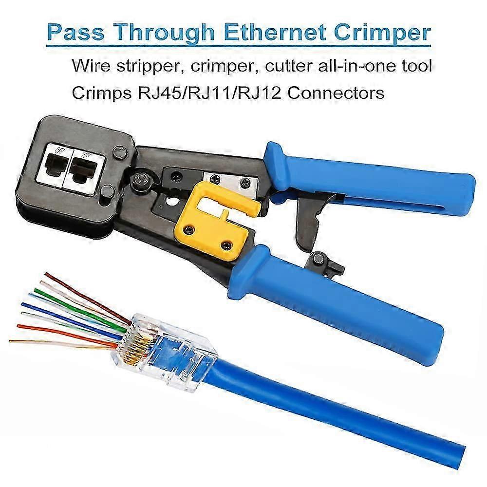 جهاز اختبار الكابلات + أداة التجعيد RJ45 تمر عبر أداة تجعيد CAT6 Cat5e Cat5 لموصلات RJ45 / RJ11 القياسية ، 50 موصلات CAT5 CAT5e