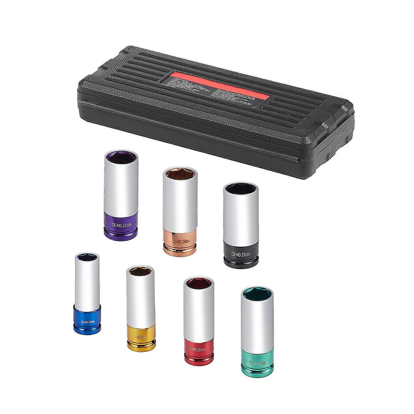 Lug Nut Impact Socket Set, 1/2 inch Drive Metric 6-Point Deep Socket Set, 7 Total Lug Nut Sizes 17/19/21/22/23/24/27mm, for Auto Repair