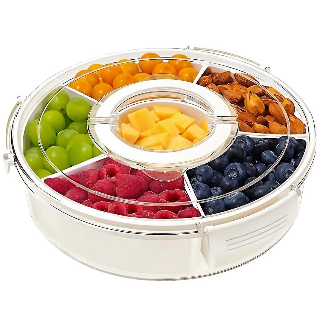 Divided Serving Tray with Lid & Handles for Snacks - Round Snack Box with 6 Compartments
