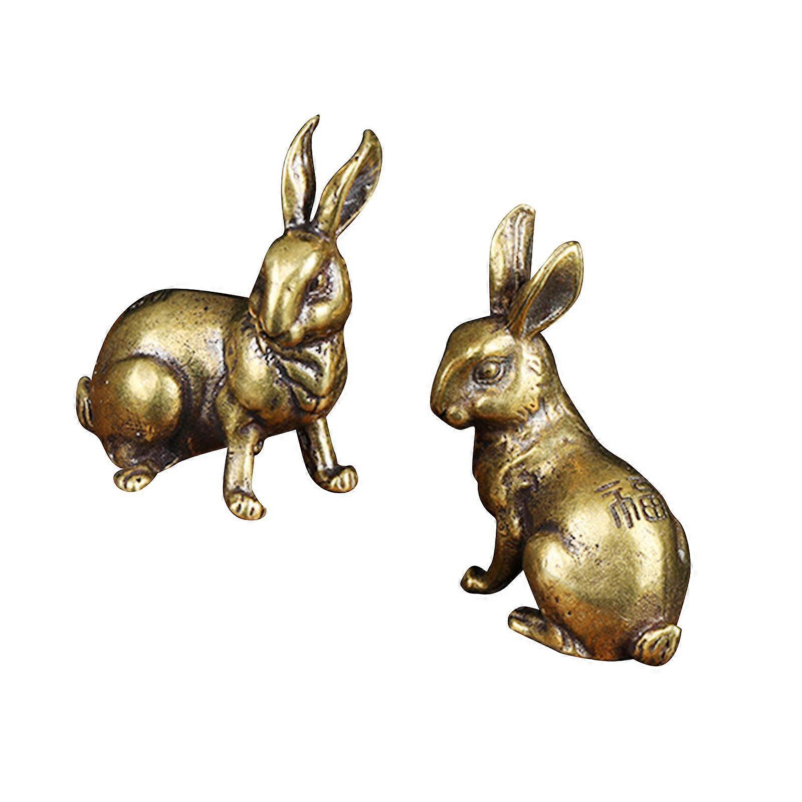 1Pair Solid Brass Bunny Statue Miniature Antique Copper Sculpture Artwork