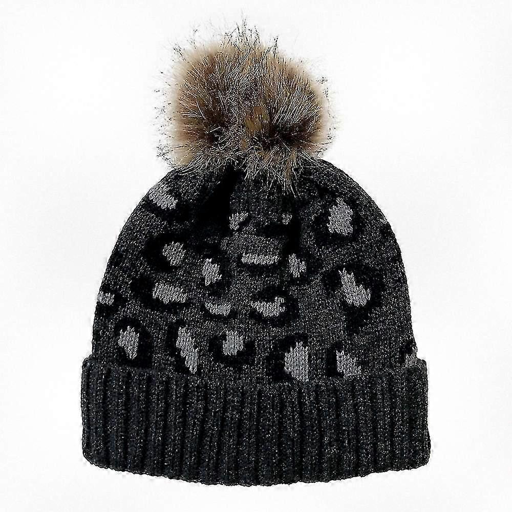 Womens Leopard Knit Beanie Hat with Removable Faux Fur Pom Pom Suitable for Various Styles