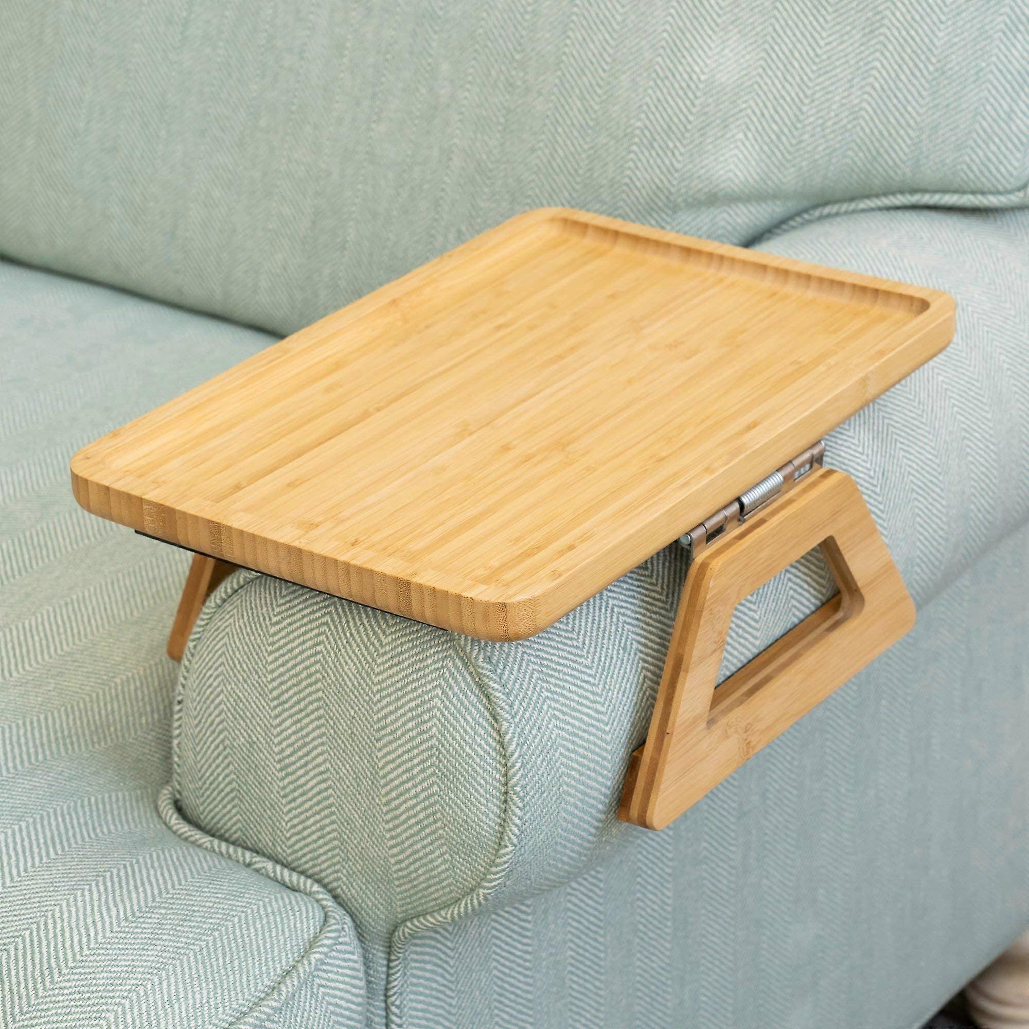 Sofa Tray Armrest Side Table - Bamboo Wood Clip-On Tray for Couch, Foldable, 35 x 24 cm, Beige, Ideal for Remote Control and Drinks