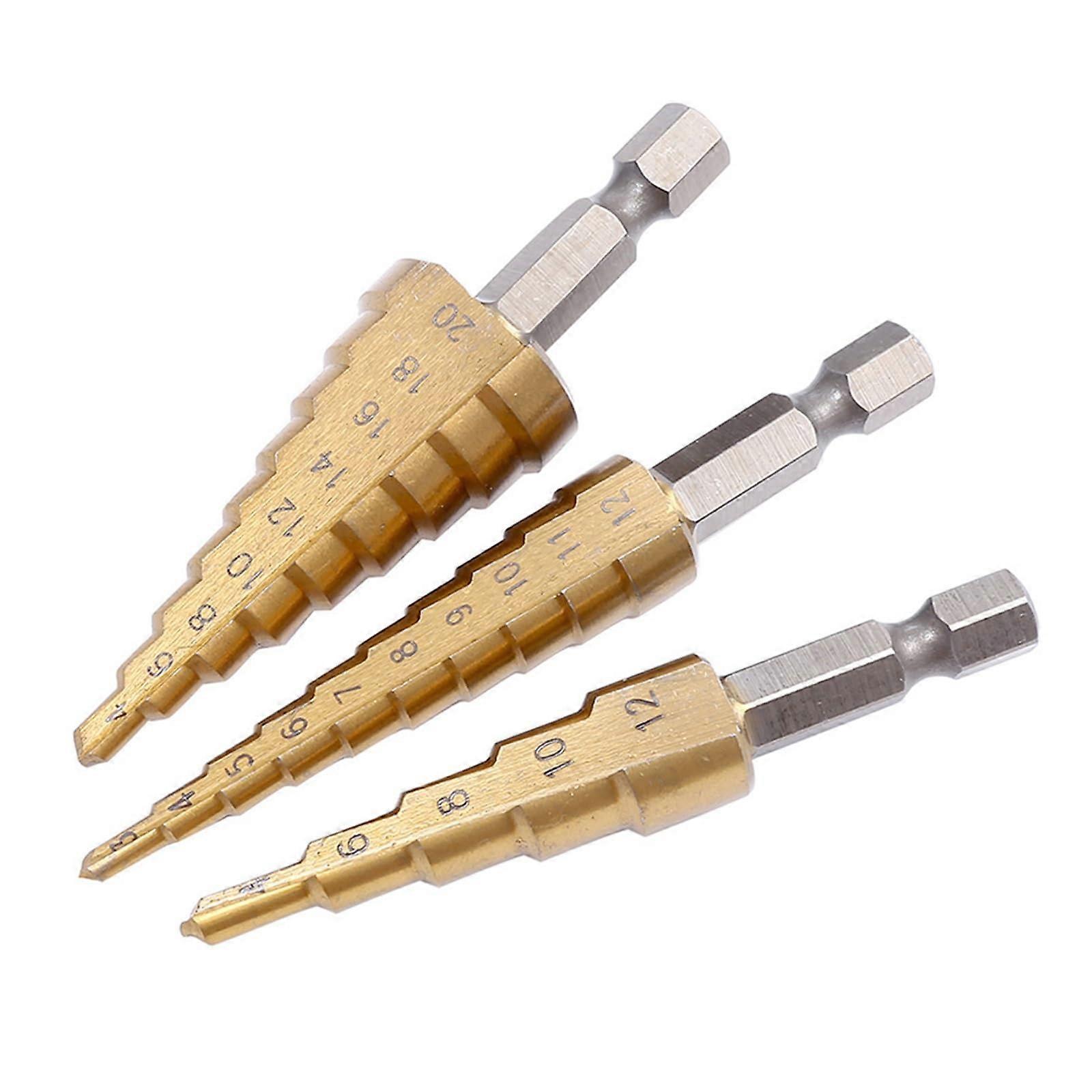 3 mm 12 mm 20 mm Hight Speed Steel Straight Groove Step Drill Bit Set Hex Titanium Coated Wood Metal Hole Cutter Core Tool (Conical Drill Bits D)