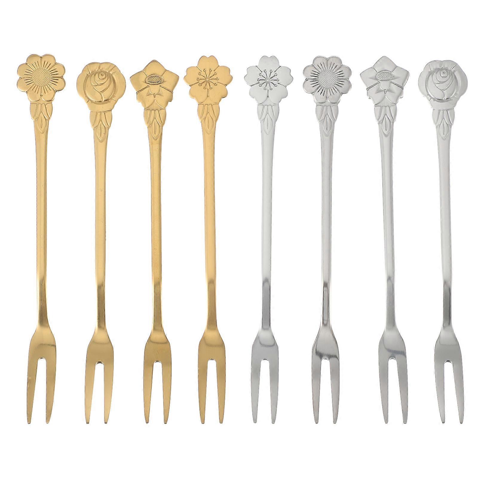 Fruit Tasting Forks Stainless Steel Cake Forks Golden Elegant Flower Design Accessory 8Pcs