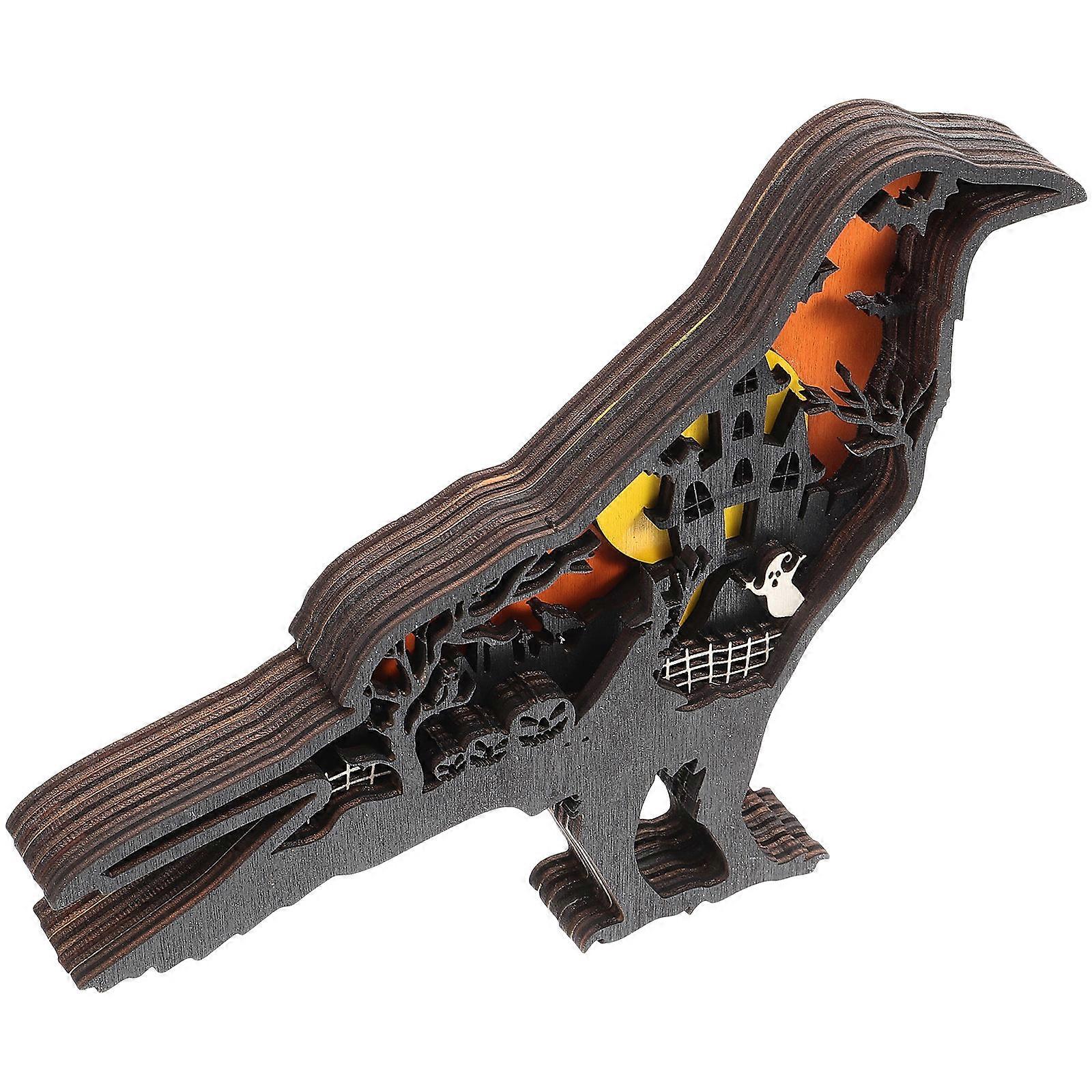 Halloween Crow Ornament Wooden Multi Layer Haunted House Decor 22 5x15 5x2 5cm 1Pcs