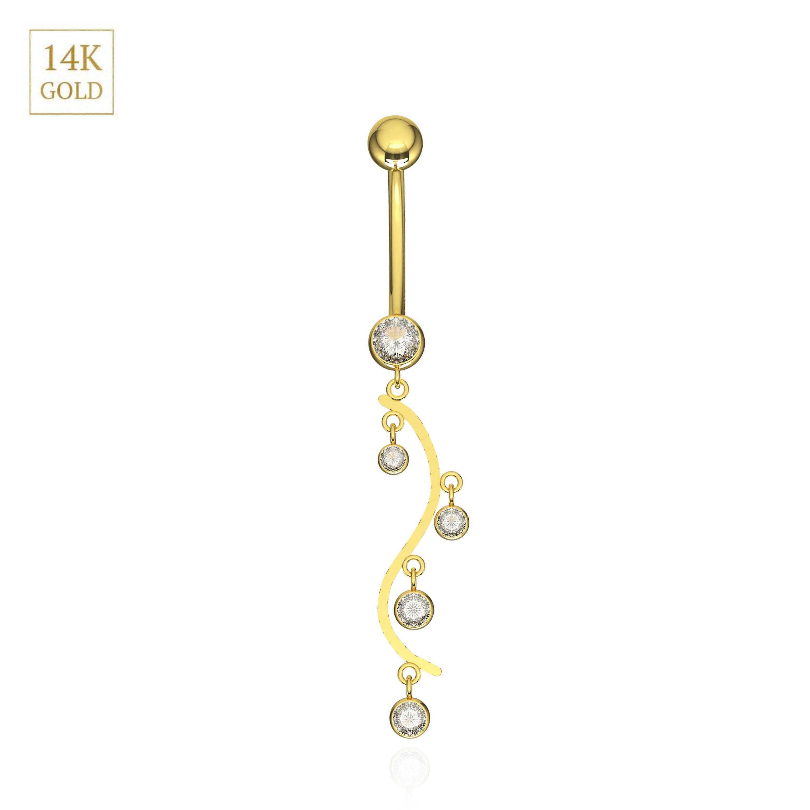 14K Solid Yellow Gold Cz Jewelled Stones Dangling Belly Ring