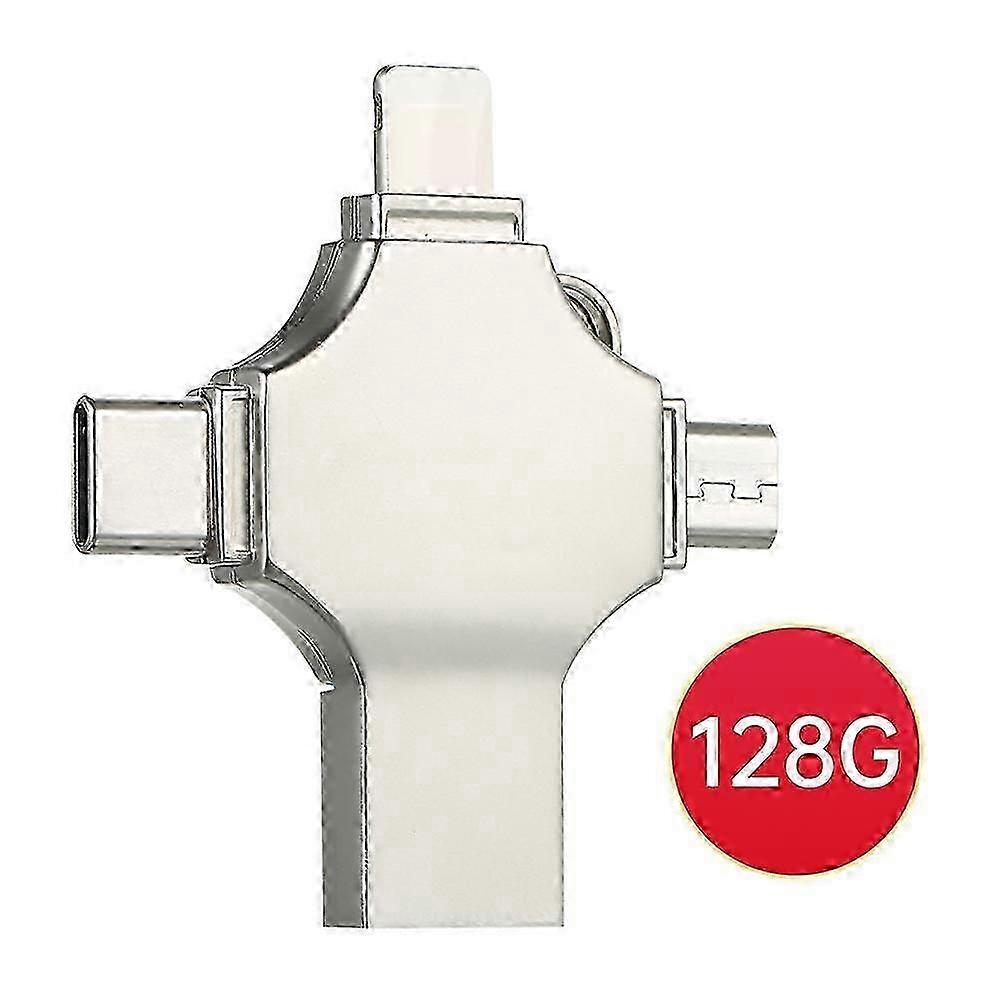 128GB 4-in-1 Metal USB Flash Drive for Mobile Phones and Computers, Dual-Use Mini USB, Supports Type-C and Micro USB Devices