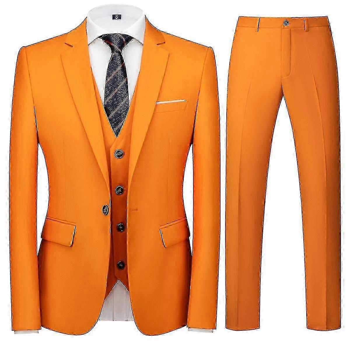 (L Πορτοκαλί) Ανδρικά 3 Τεμάχια Elegant Solid One Button Slim Fit Suit Sets-b