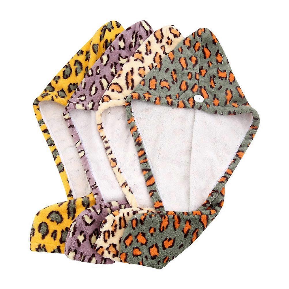 Leopard Print Hair Drying Caps Quick Dry Microfiber Hair Wraps for Women Fast Absorbing Coral Fleece Towels in Yellow, Beige, Green, Purple