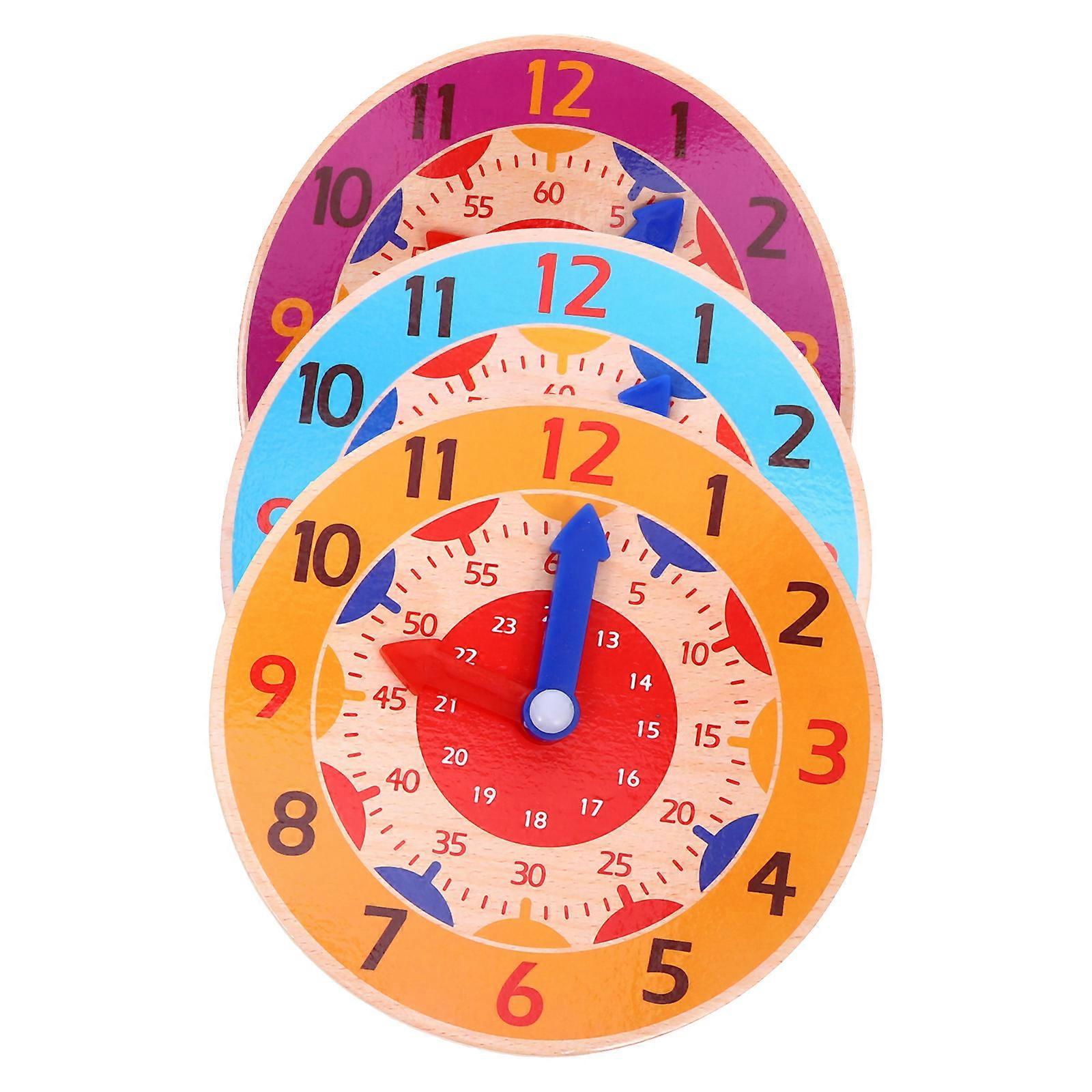 Educational Clock Toy Wooden Kids Cognitive Aid in Assorted Colors 3 Pieces