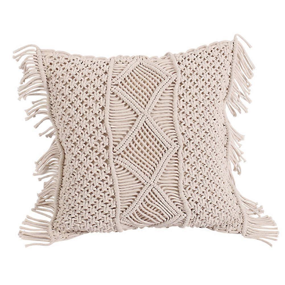 Hand Woven Cushion Cover Tassel Knitted Pillow Case for Home Decoration Beige 45x45cm Simple and Natural Style 1Pc