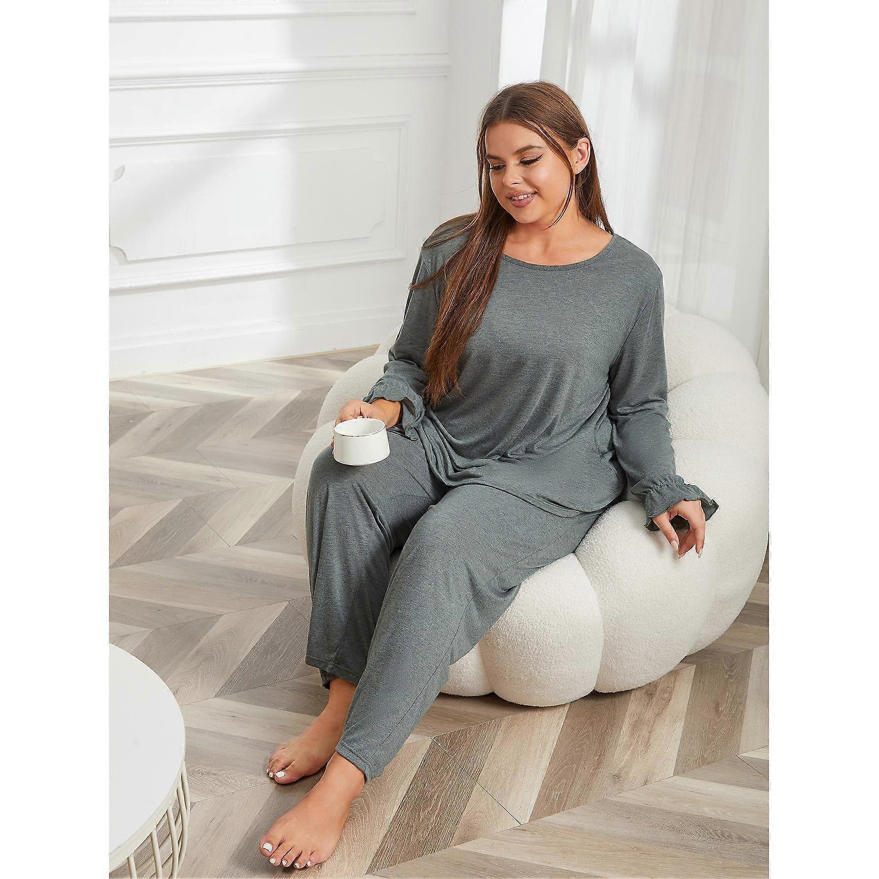 Women's Plus Size Pajamas Autumn and Winter Solid Colour Long-sleeved Homewear Suit