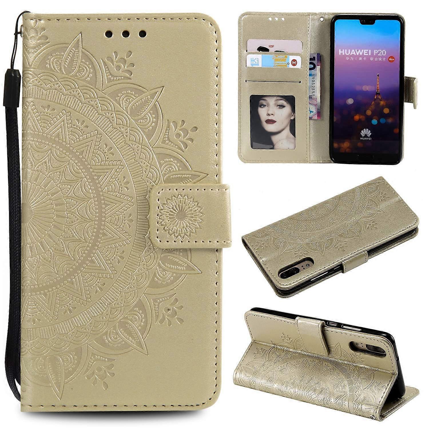 Imprint Mandala Flower Stand Portefeuille Étui de téléphone portable en cuir pour Huawei P20