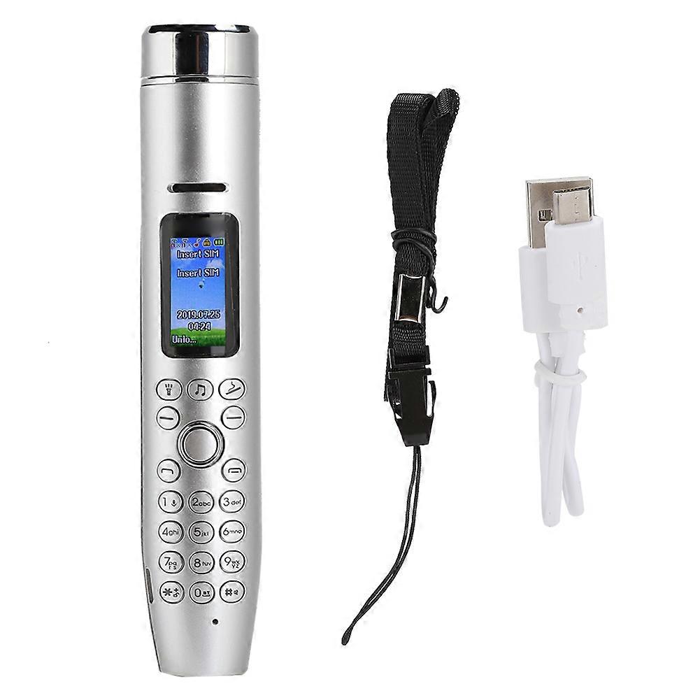 AK009 Silver Multi-Function Pen Phone: Dual SIM, Flashlight, Lighter, 32GB Expandable