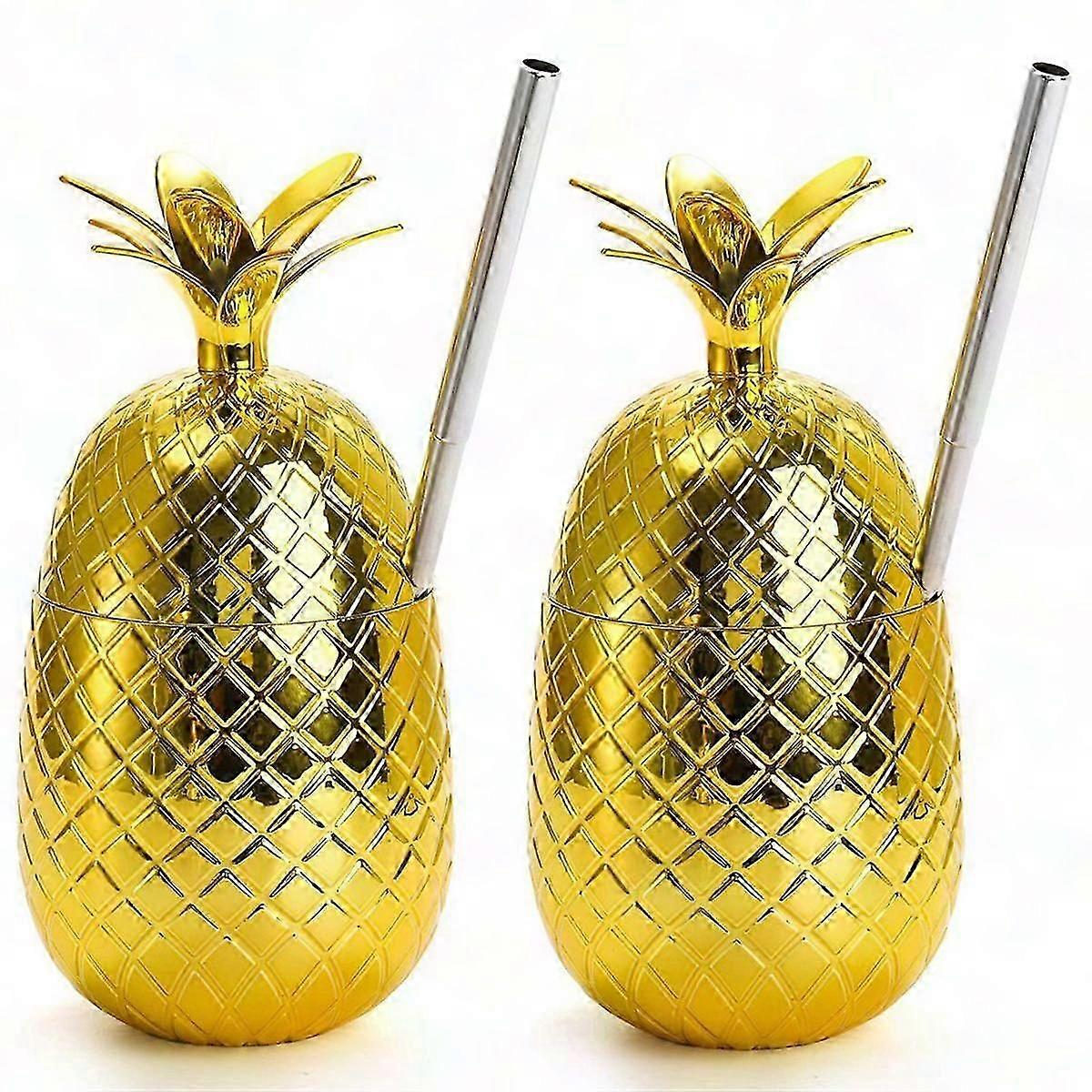 2 Pack 450ml Gold Pine Cups with Straws for Hawaiian Luau Party Drinks