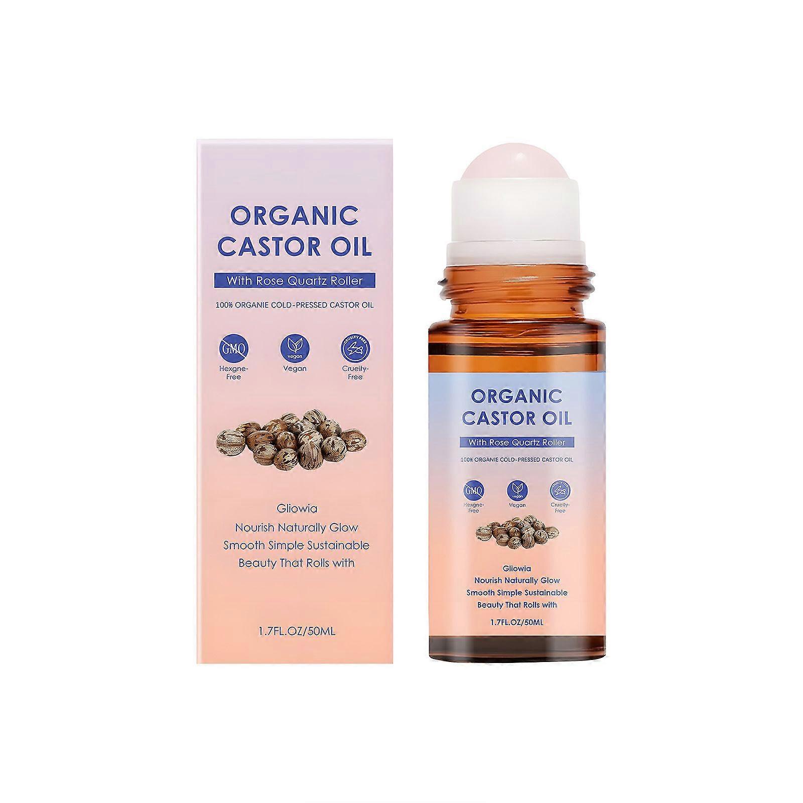 Organic Castor Oil Roll-On with Rose Quartz, 100% Pure Cold-Pressed & Unrefined, Hexane-Free, For skin, Eyebrows and Eyelashes, 50mL