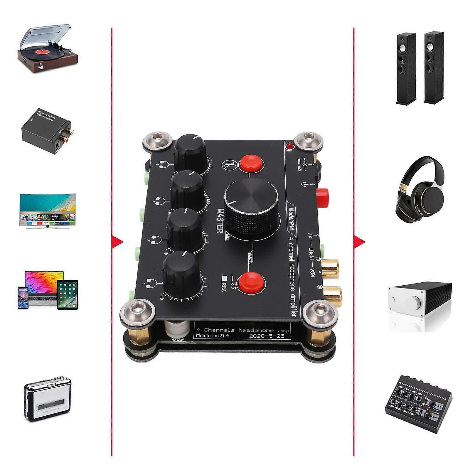 P14 4-Channel Headphone Amplifier, 400mW, Black, UK Plug