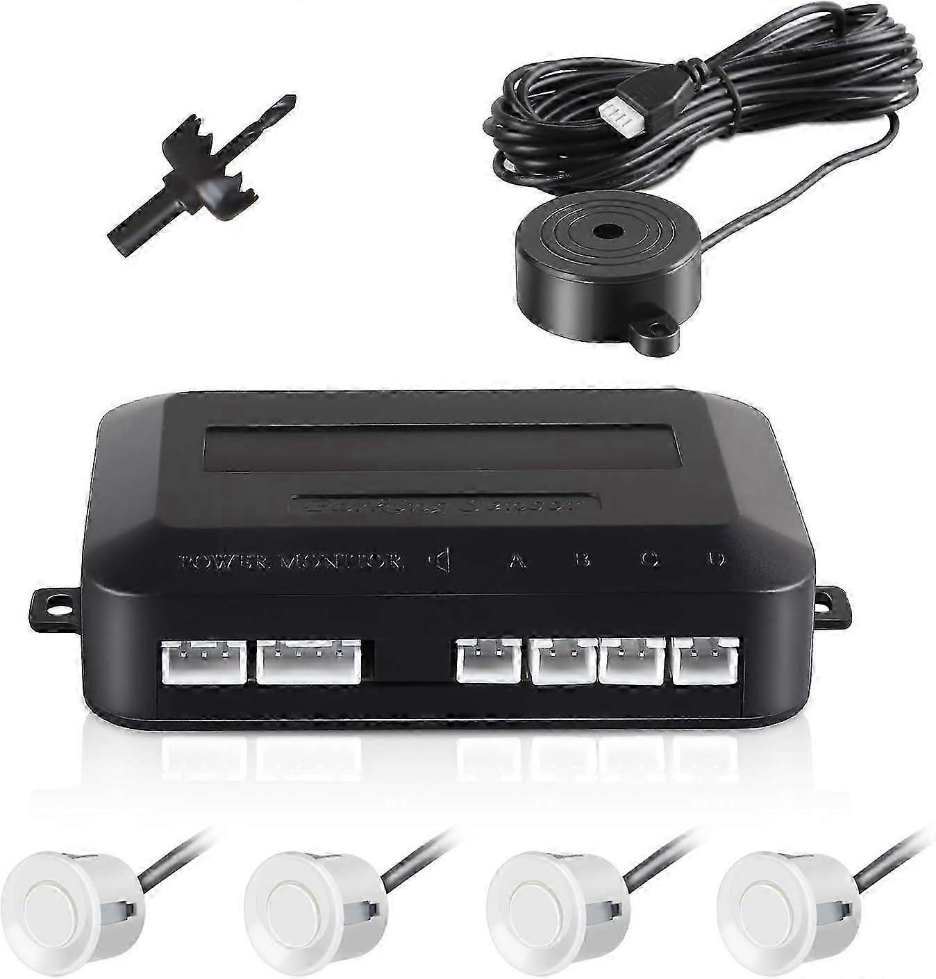 Car Reversing Sensor, Auto Parking System Reversing Radar with Bibi Buzzer Alarm and 4 Sensors - White