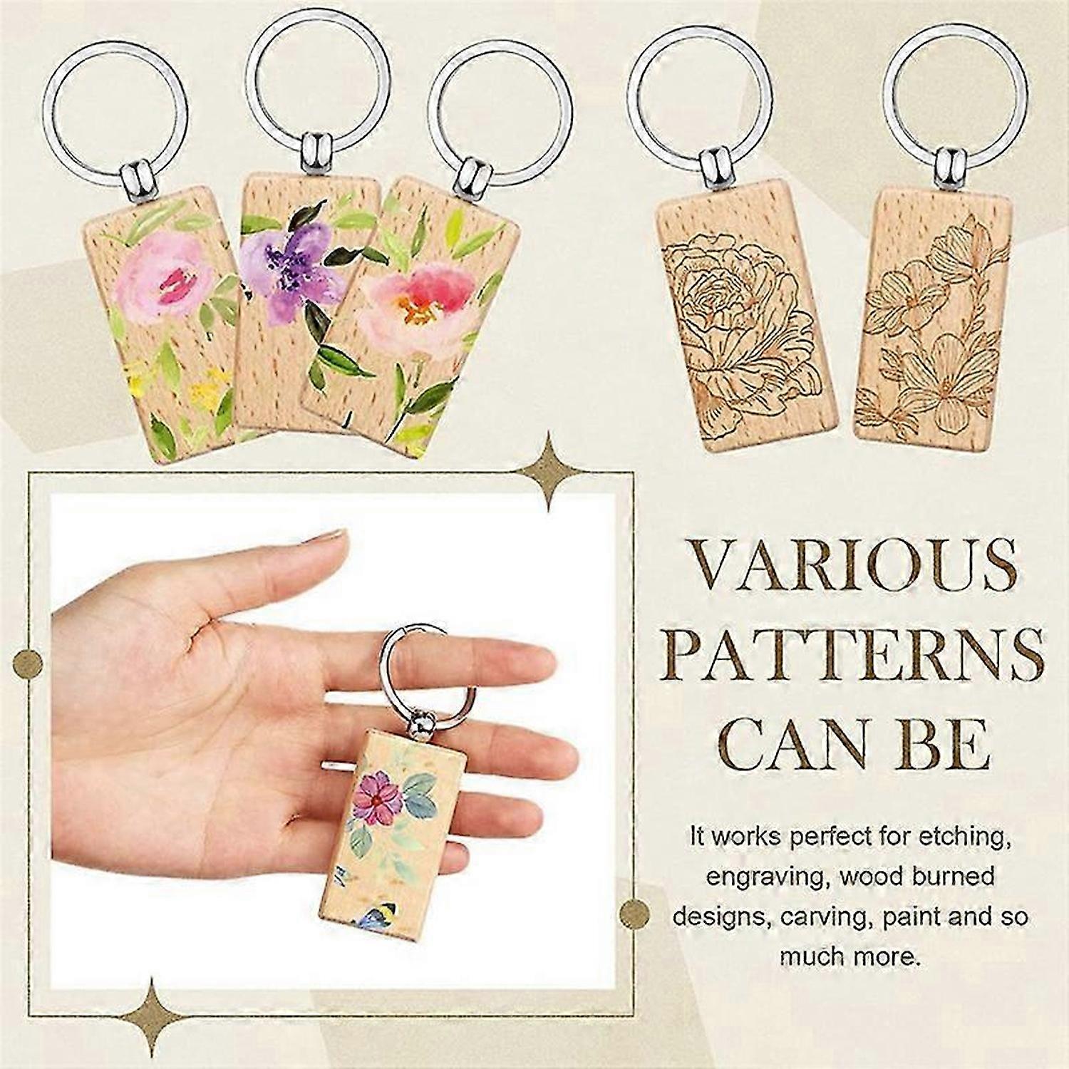 50 Pieces Blank Wooden Key Tag Key Engraving Blanks Unfinished Wood Keychain Key Ring Key Tags for D