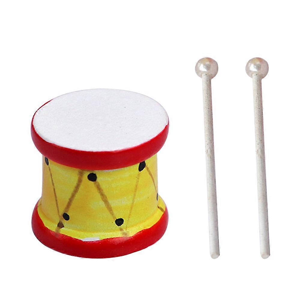 Round Mini Drum And Drumstick For Mini House And Furniture Decoration Yellow Wood Toy 1 Set