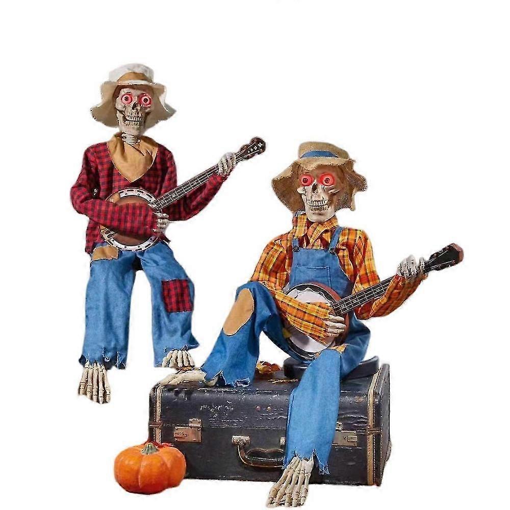 Animated Halloween Skeleton Duo Playing Banjos with Glowing Eyes