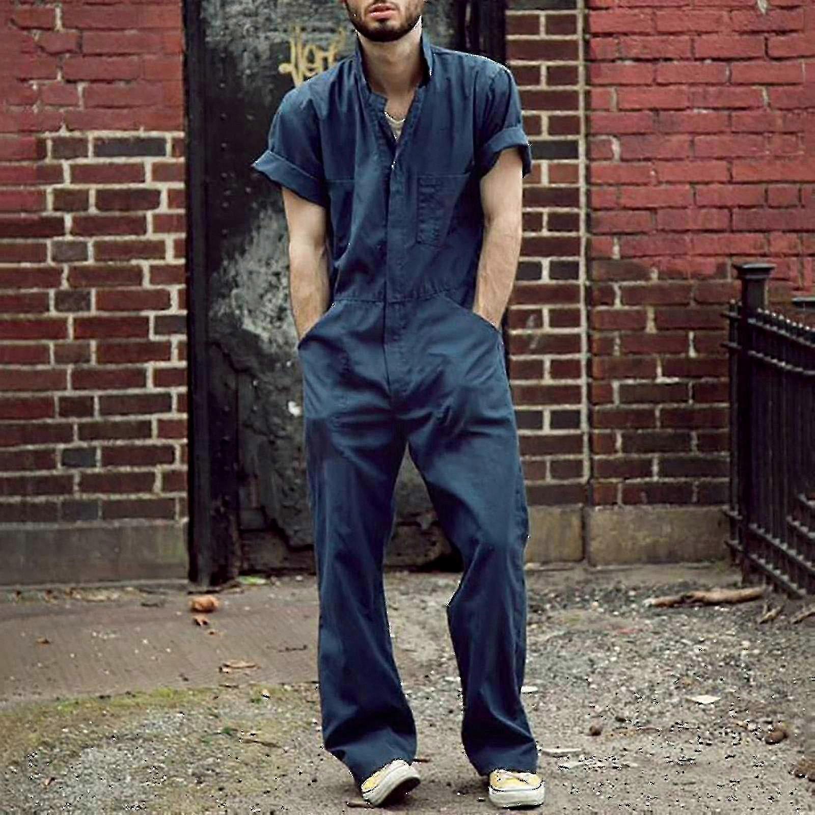 Men's Solid Color Zipper Overalls with Lapel Jumpsuit for Casual Wear