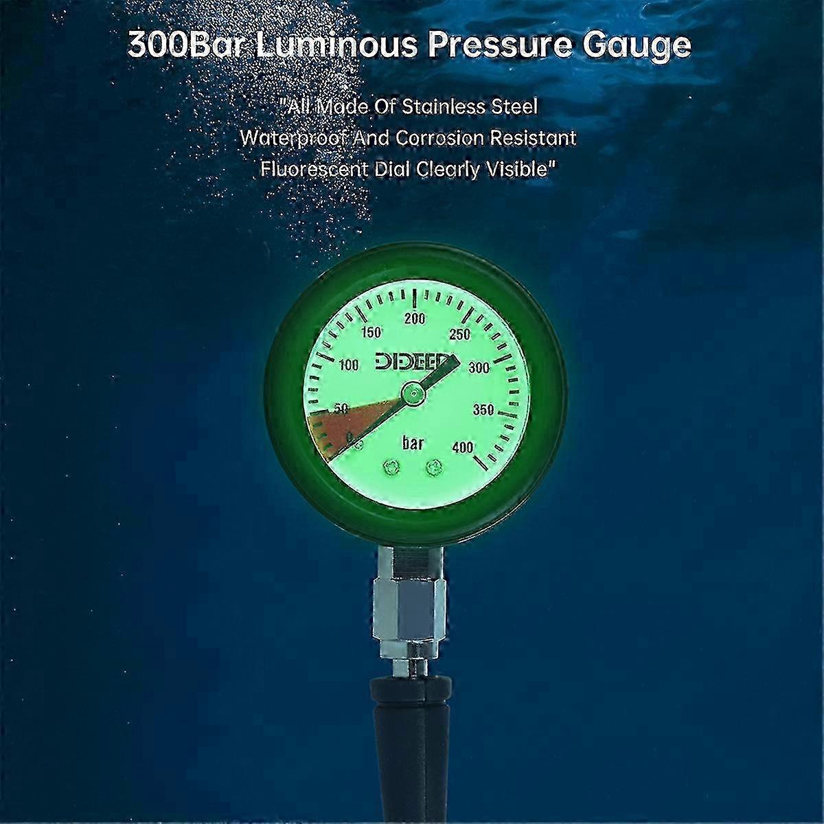 Diving Residual Pressure Gauge with Carbon Fiber Woven Hose and Luminous Pressure Gauges for 7/16-20UNF Thread Connection