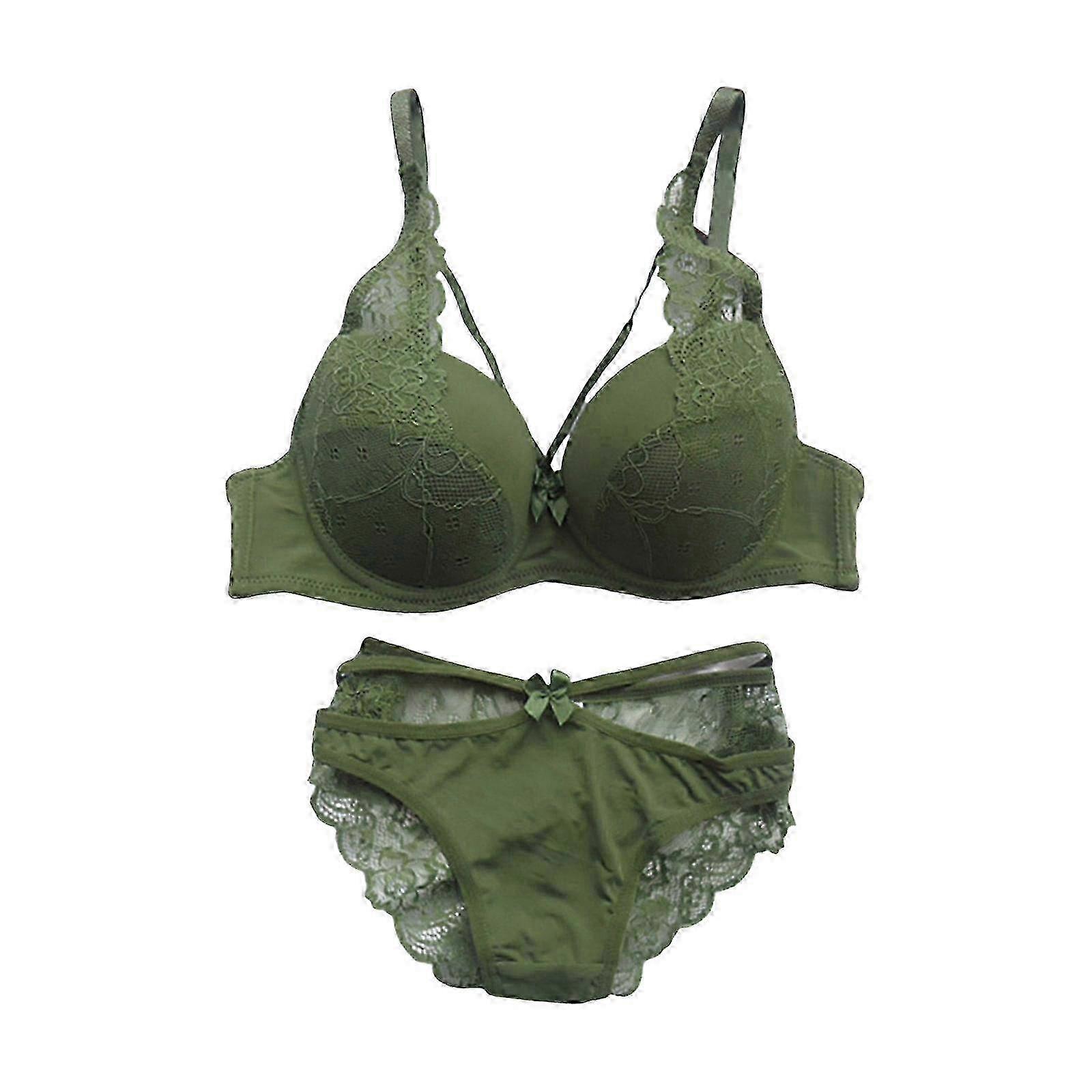 Ensemble de lingerie en dentelle ajourée pour femme, soutien-gorge push-up à armatures et bretelles spaghetti réglables, et culotte assortie, vert, taille 38 (85D), idéal pour les soirées romantiques.
