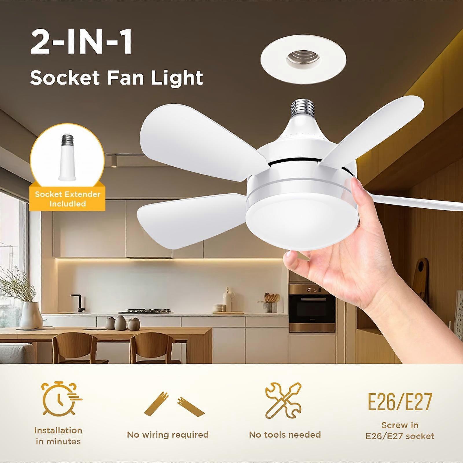 Socket Fan light: Ceiling Fans with Lights & Remote - Screw-in Small Fan Compatible with Light Bulb, Dimmable 3 Colors/2000LM