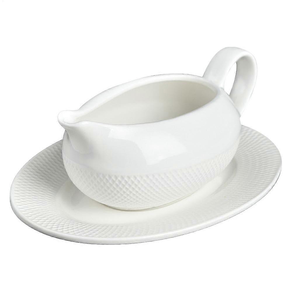 Ceramic Gravy Boat with Saucer and Ergonomic Handle, White ChipResistant Serving Plate Set