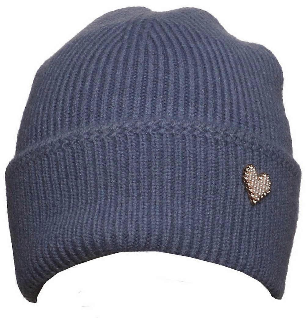 Zelly Heart Brooch Beanie Hat - Blue