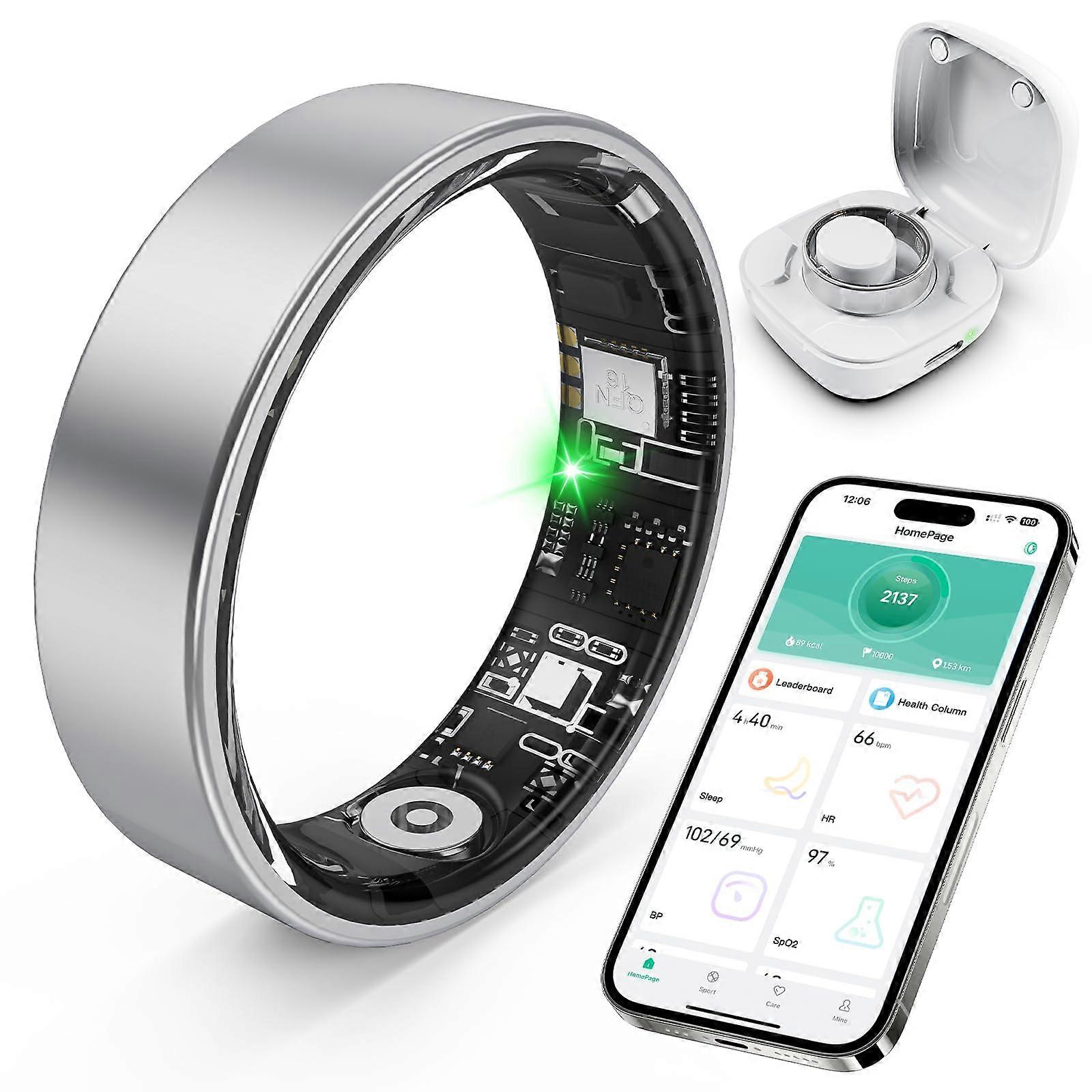 Smart Ring with Sleep and Fitness Tracking, Heart Rate and SpO2 Monitor, IP68 Waterproof, Silver Size 9