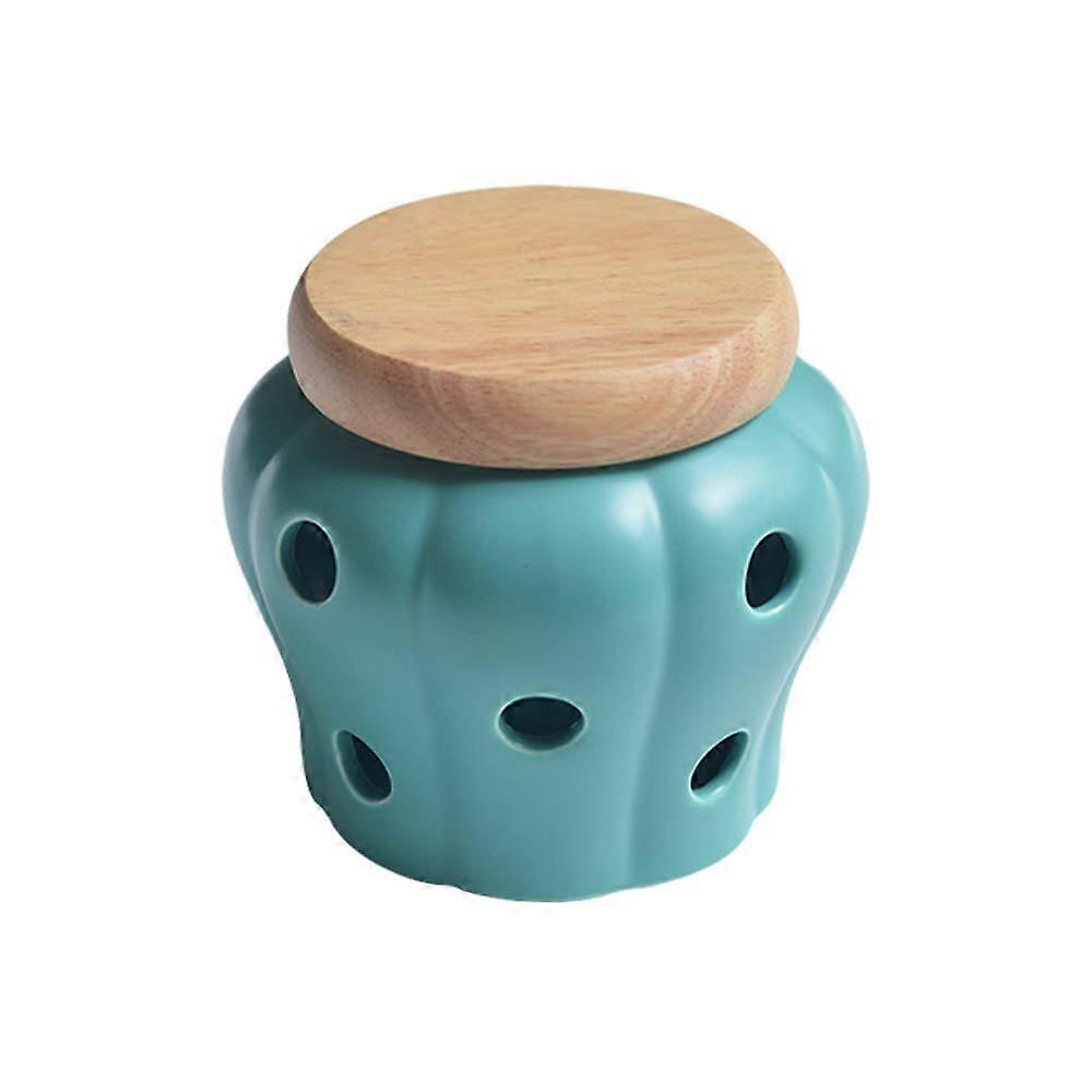 Blue Matte Ceramic Garlic Keeper with MoistureResistant Bamboo Lid for Fresh Garlic Storage