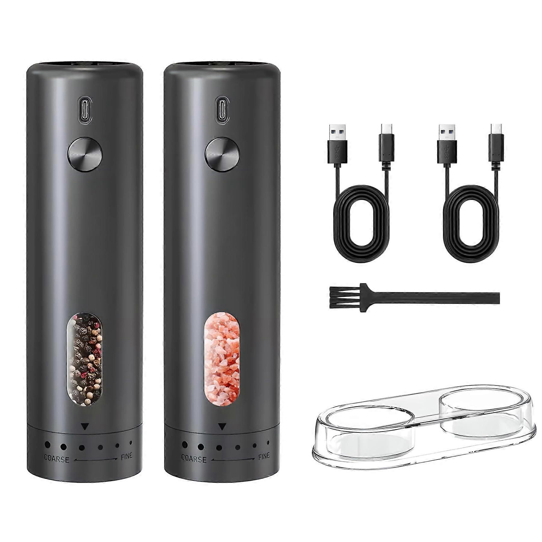 Electric Salt and Pepper Grinder Set Adjustable Coarseness Rechargeable LED Light Ceramic Core 2PCS