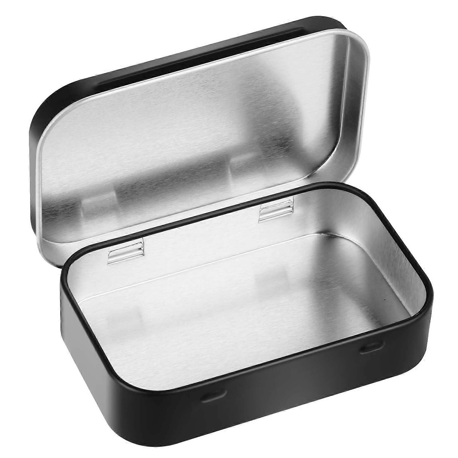 Metal Tin Box with Secure Hinged Lid, Small Silver Rectangular Storage Case for Pills, Candy, Jewelry