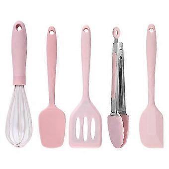 Pink Kitchen Utensil Small Five-Piece Set Mini Silicone Kids Kitchen Tools Whisk Spatula Tongs Spoon And Slotted Spatula(Kids Baking Supplie