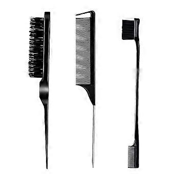 Conjunto de Pentes para Provocar, Escovar Bordas e Costas - Pentes de Cauda de Rato e Bordas para Pentear o Cabelo Feminino Preto 3 Peças