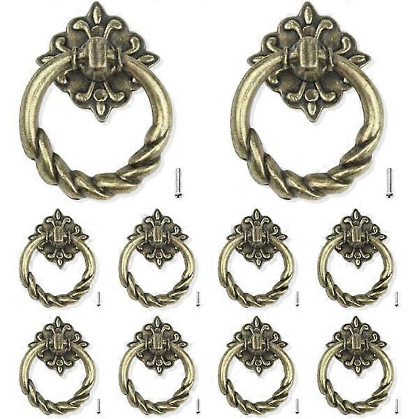 10 bronze cabinets with door handles, drawer knobs, and pulls.