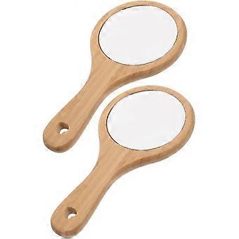 2pcs Wooden Handheld Makeup Mirror Small Portable Travel Vanity Mirror with Handle for Salon and Bathroom Use-jdy