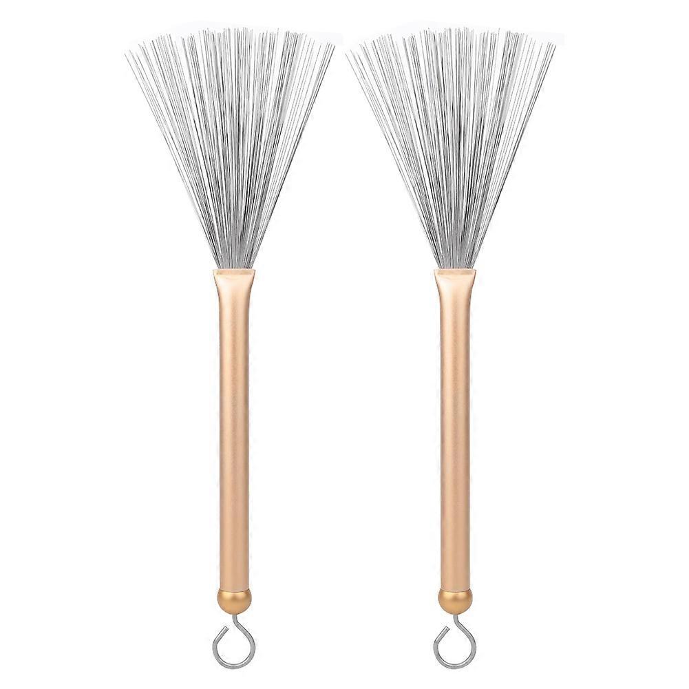 2 Pcs Retractable Steel Wire Drum Brushes for Jazz Drum Set, Durable Stick Brushes for Learners and Drummers, Golden Handle