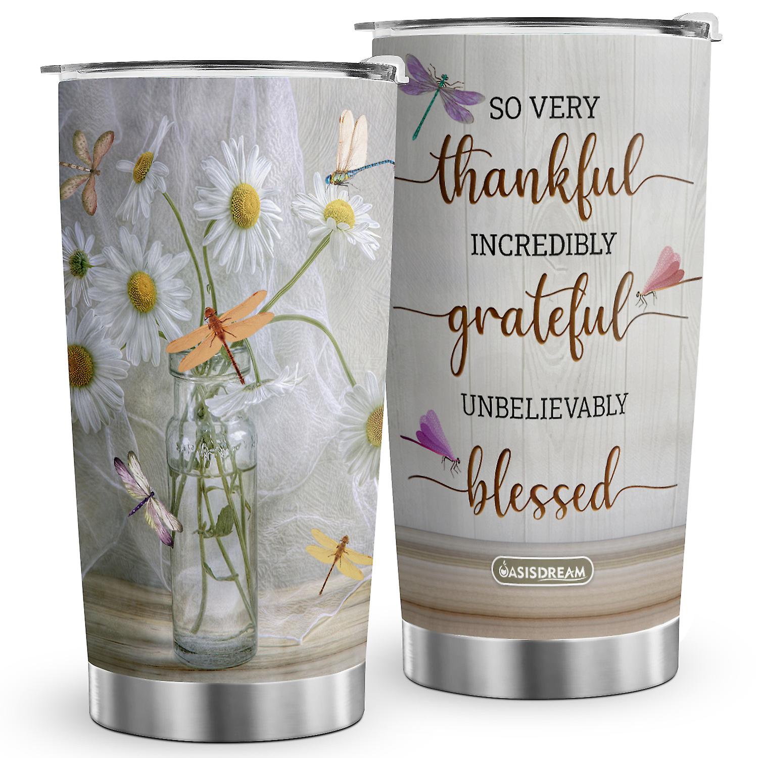 Oasisdream 20oz Daisy Flower Dragonfly Print Tumbler with Lid, Double Wall Vacuum Insulated Travel Cup