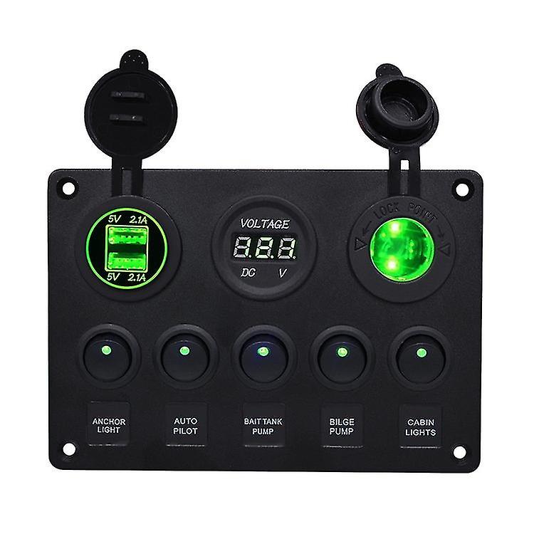 5 Gang Multi-Function Rocker Switch Green Backlit Dual USB Charger + Digital Voltmeter + 12V Outlet