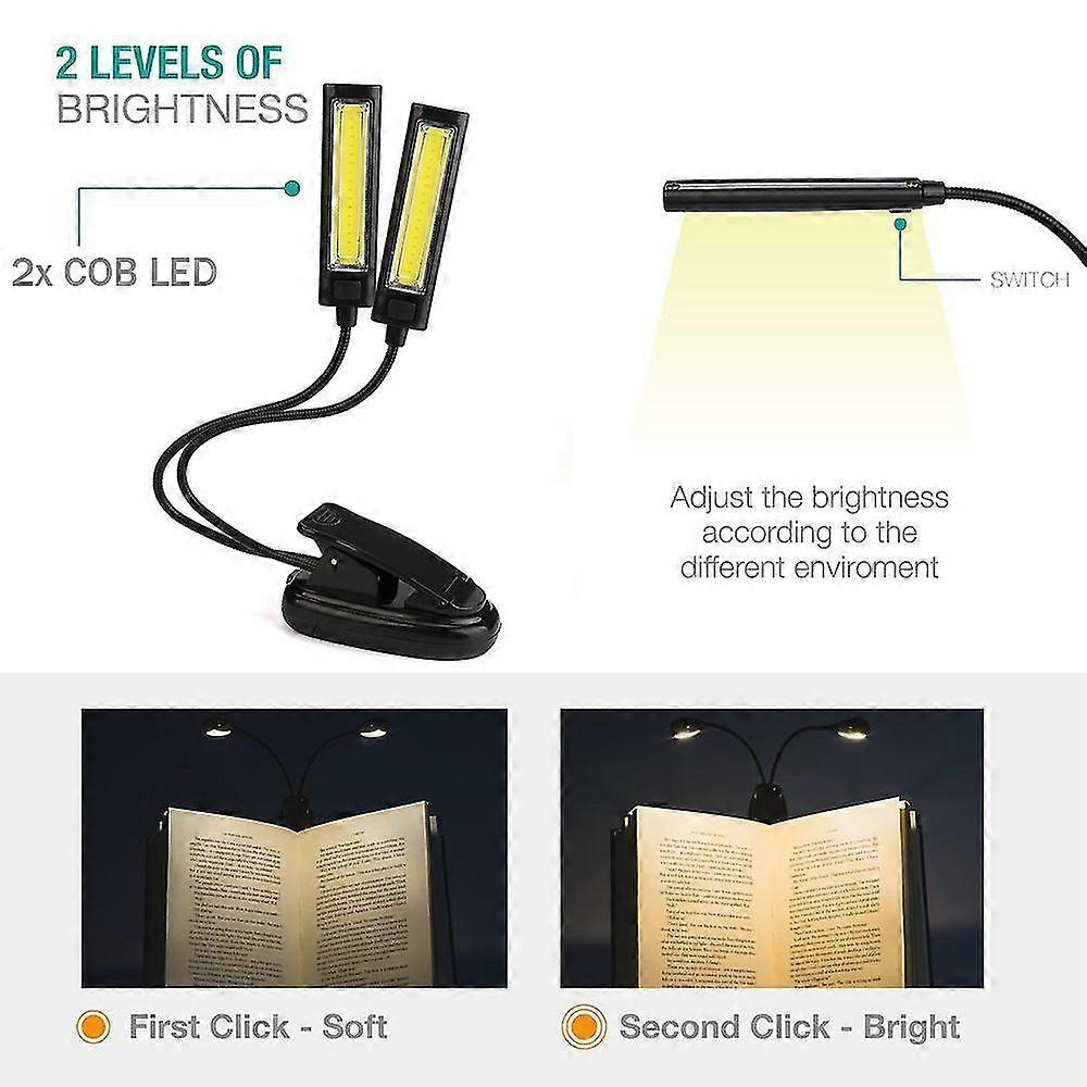 flexible usb clip-on 2x cob led light reading study desk table lamp rechargeable