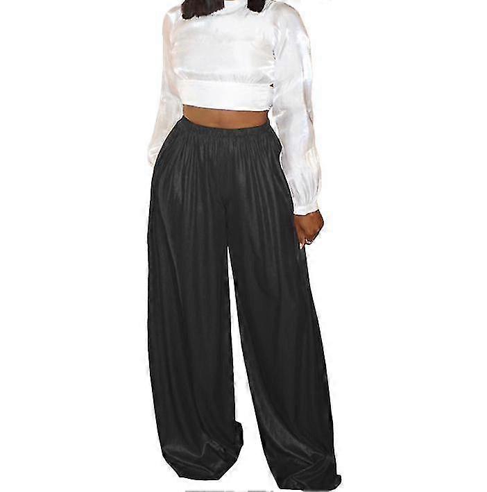 Women Metallic Color Straight Trousers Fashion Bronzing Elastic Mid Waist Wide Leg Long Pants