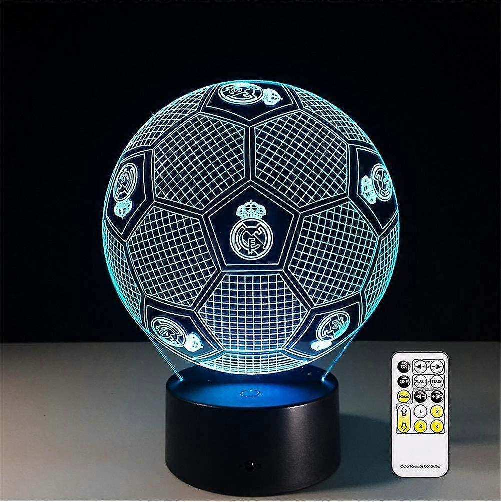 Złudzenie optyczne 3D Real Madrid Piłka nożna Lampa nocna Zabawka, pilot zdalnego sterowania, ściemnialność, bateria lub zasilanie USB, 7 kolorów Zmiana prezentu na Boże Narodzenie F