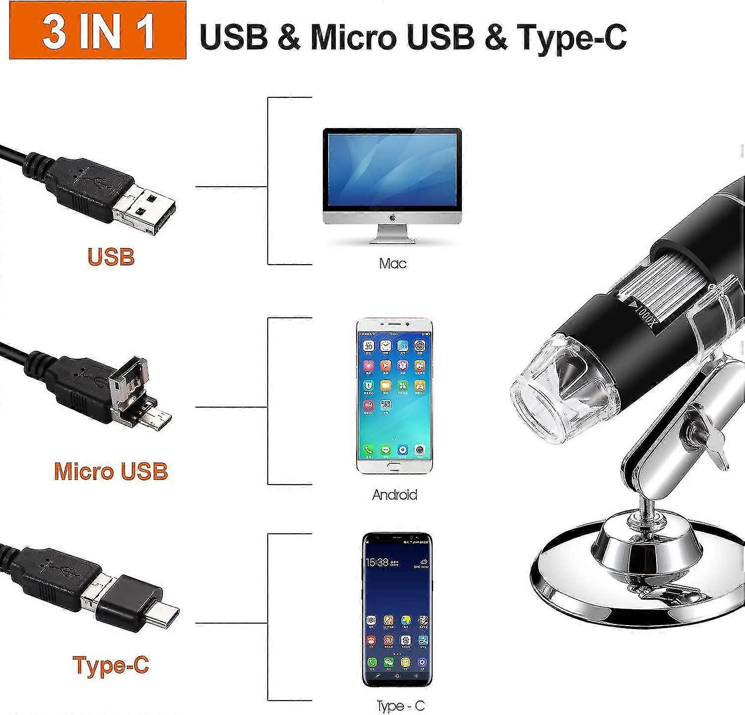 Usb Digital Microscope, Handheld 40x-1000x Magnification Endoscope ...